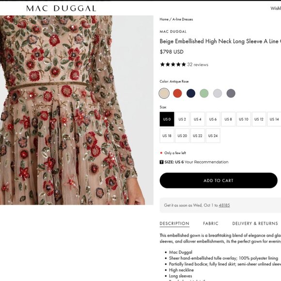 Mac Duggal 5533 Size 6 Beige Red Floral Long Sleeve Beaded Tulle Maxi Dress Gown - Picture 2 of 7